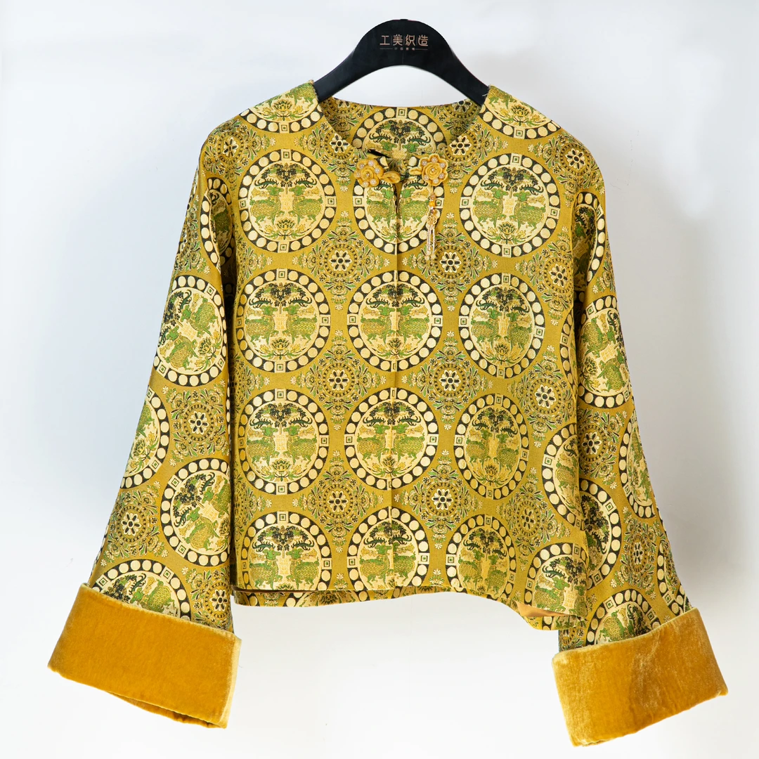 【四川工美蜀锦】新中式中国风桑蚕丝金地缎纹珠花树对鹿纹高定套装