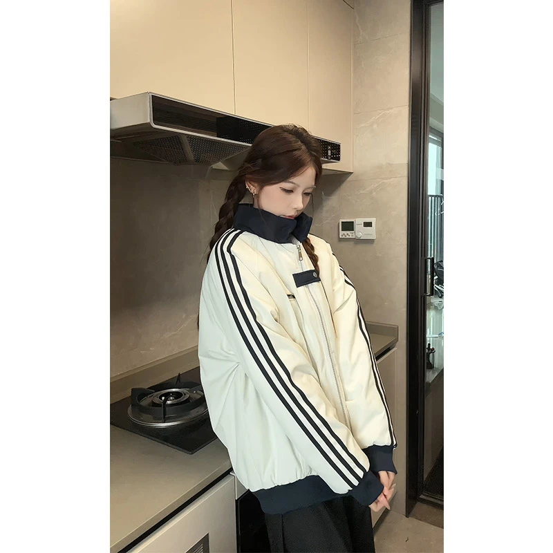 V37美式条纹运动棉服外套冬季休闲宽松情侣保暖韩版棉袄男女夹克