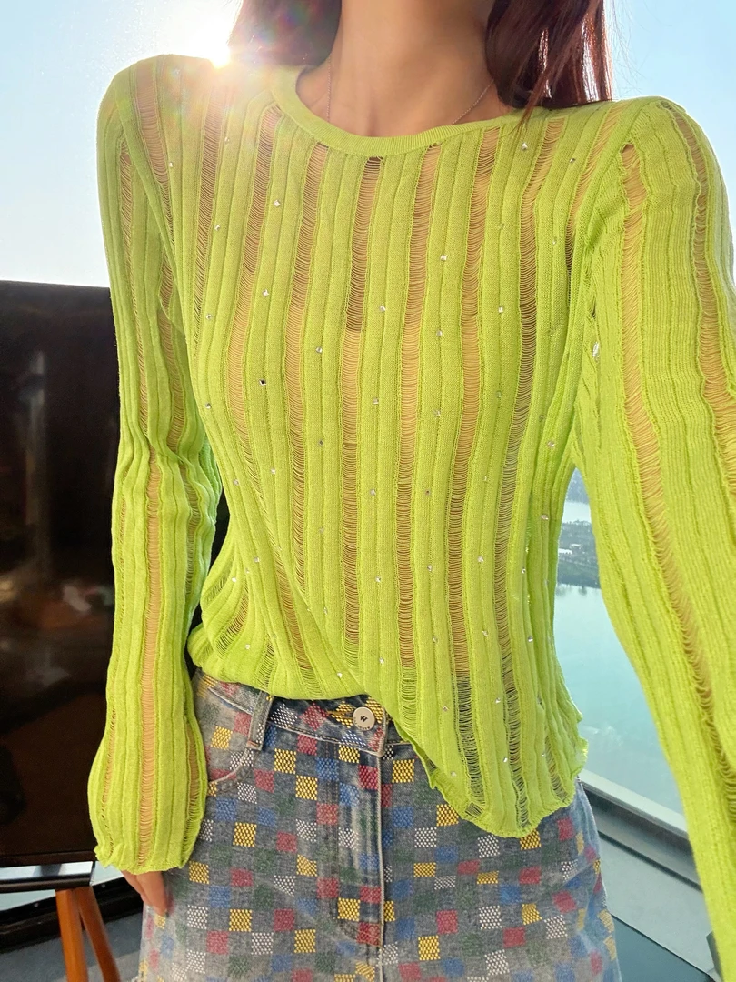 婉君【烫钻镂空罩衫】春夏韩系气质时尚防晒百搭上衣LWJ25A1T924