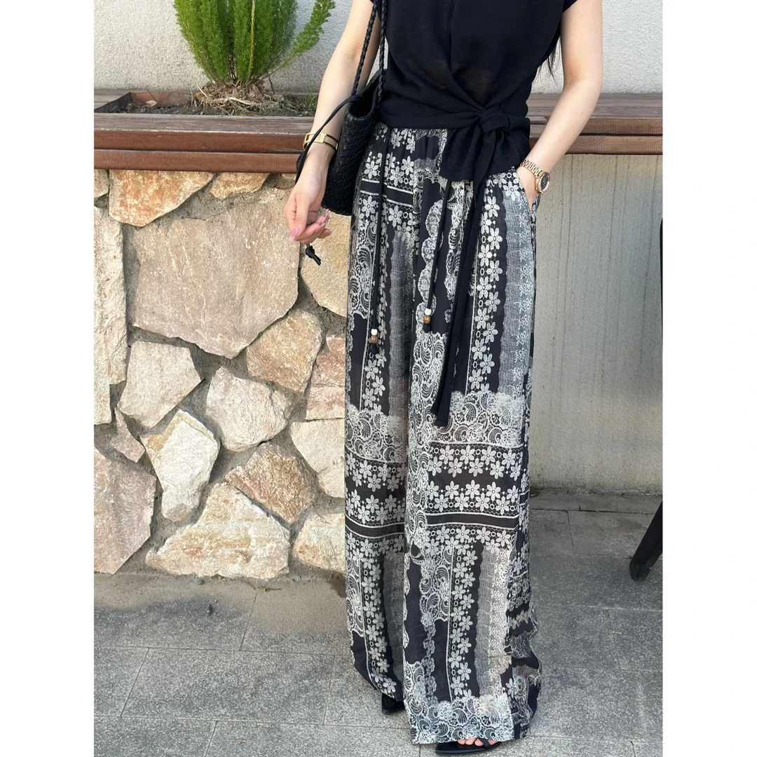 夏季时尚休闲透气苎麻松紧腰复古印花超薄女士阔腿裤YF910.11k