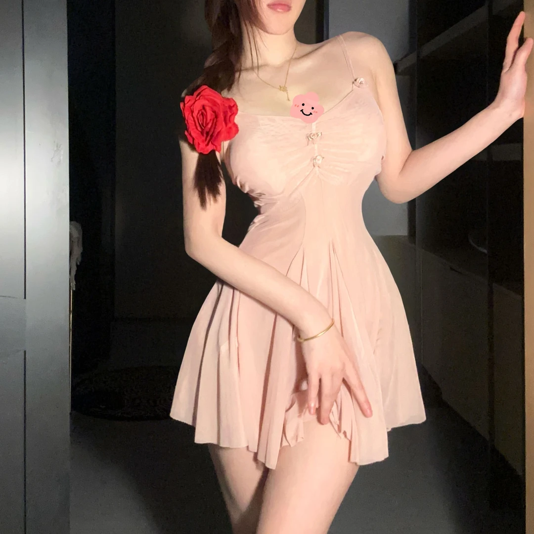 【听雨】纯欲风性感透视蕾丝气质显瘦一字肩网纱大码吊带睡裙