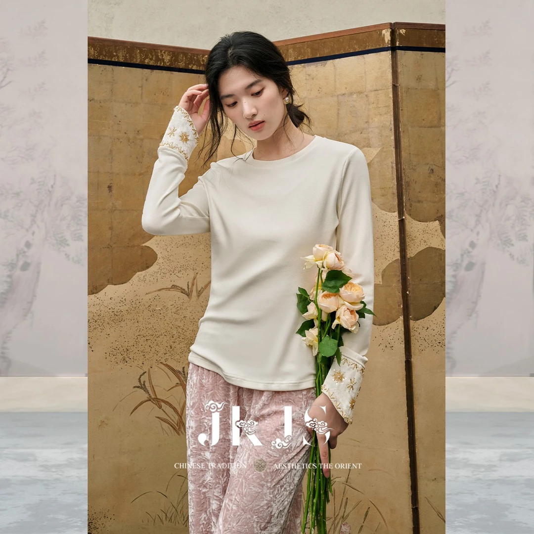 JKJS【罗浮香】莫代尔人丝提花T恤早秋穿搭气质女上衣高级感内搭