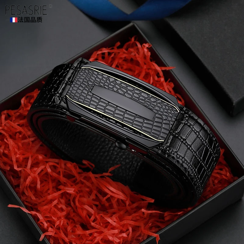 新款2025鳄鱼纹皮带男士商务百搭真皮无牙自动扣腰带男潮高档礼物