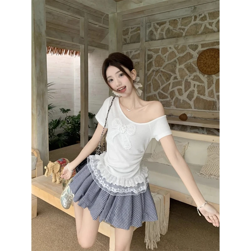 纯欲风露肩蝴蝶结蕾丝拼接短袖T恤女夏季新款修身显瘦百搭上衣女