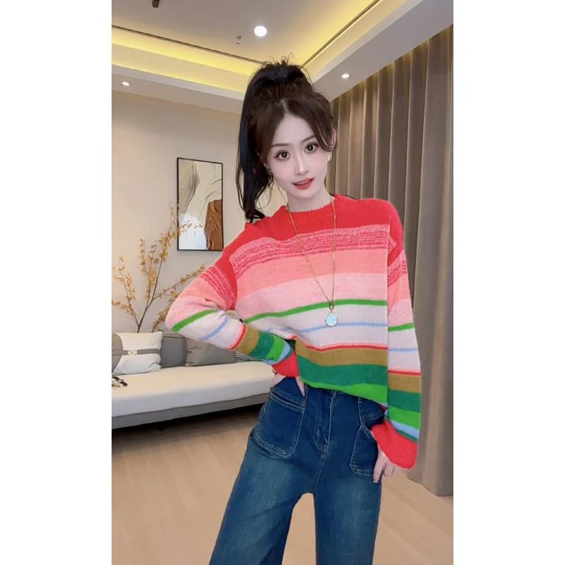 【五彩毛衣】网红针织撞色圆领短款时尚百搭宽松慵懒风秋冬套头毛衣