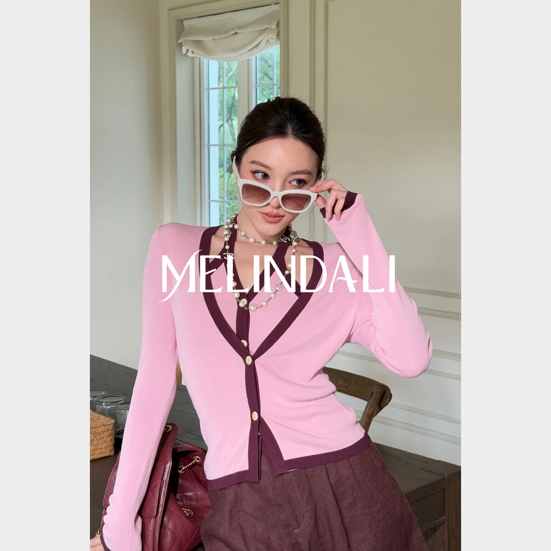 Melinda Li【酒渍玫瑰】撞色挂脖假两件针织衫秋新款收腰显瘦上衣