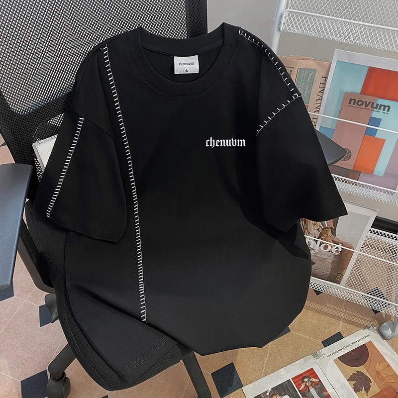 CHENUVM重磅凉感棉盖丝美式短袖T恤男女宽松休闲运动拼接潮牌上衣