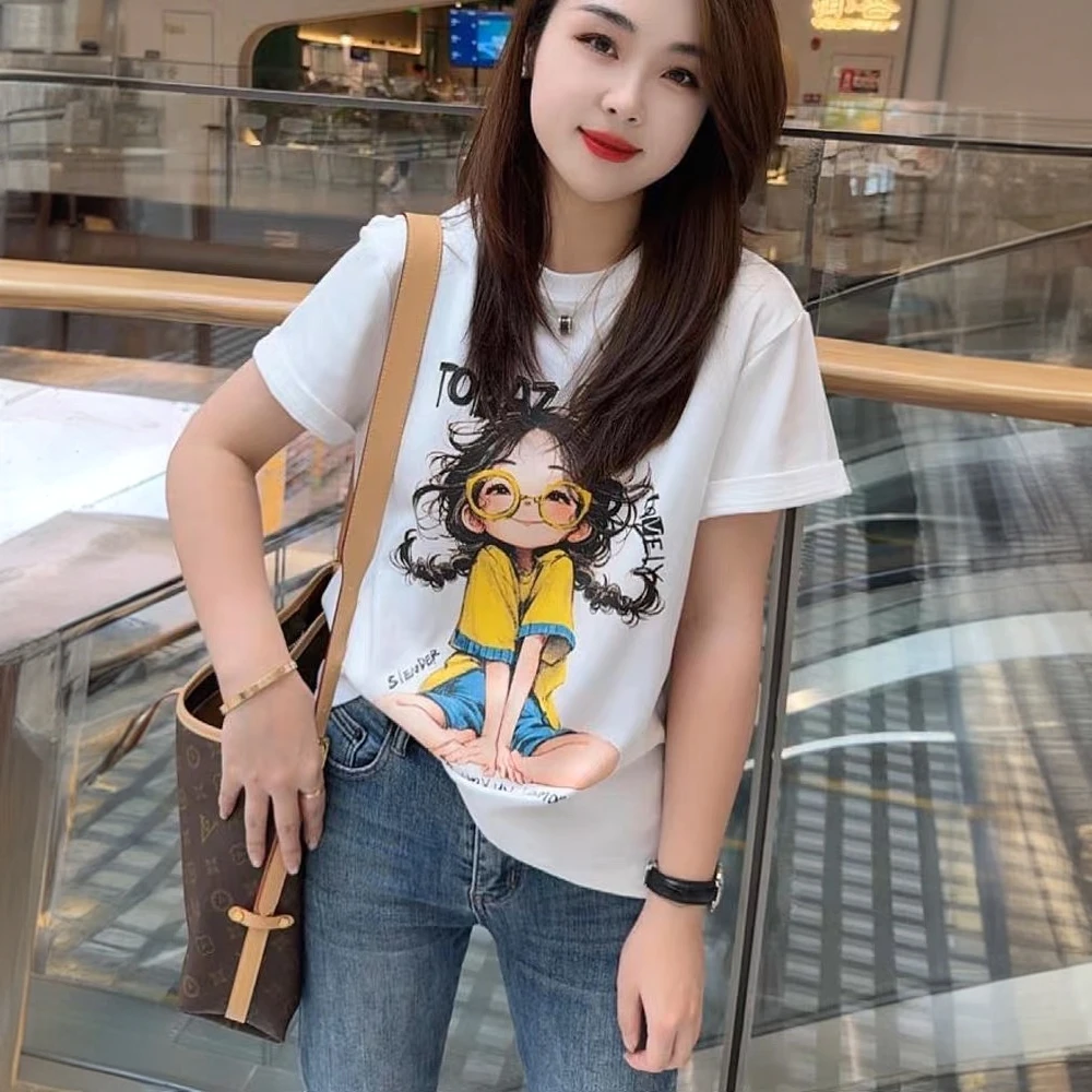 2025年夏季时尚白色卡通新款正肩短袖女胖mm宽松显瘦百搭T恤上衣