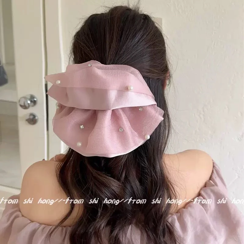 超大超重工珍珠水钻网纱缎面截断款高级感发饰头饰