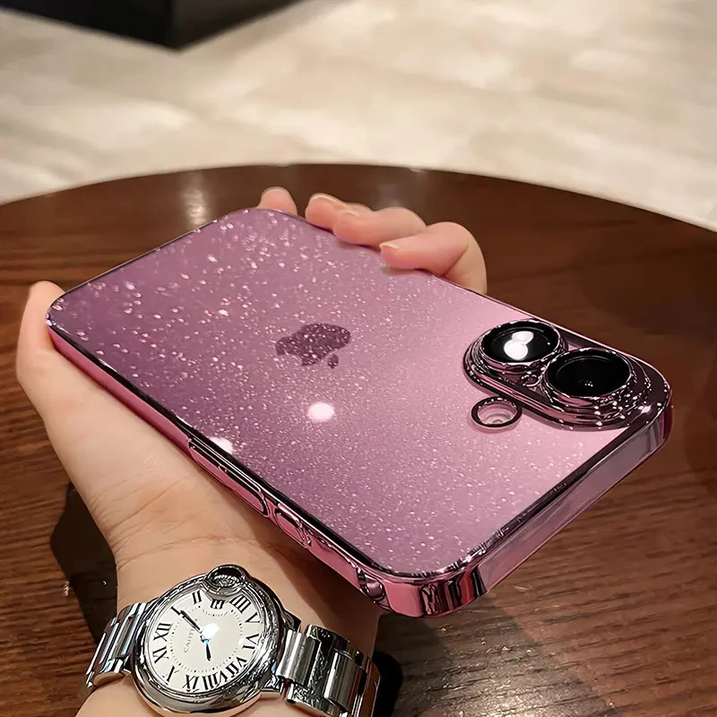 适用于苹果16ProMax原色iPhone14透明电镀13星空闪粉12带镜头膜15