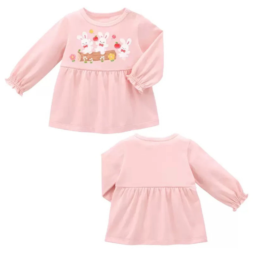 【25秋新品】日系女童粉色三只兔花朵长袖T恤女宝套头印花苹果T恤裙