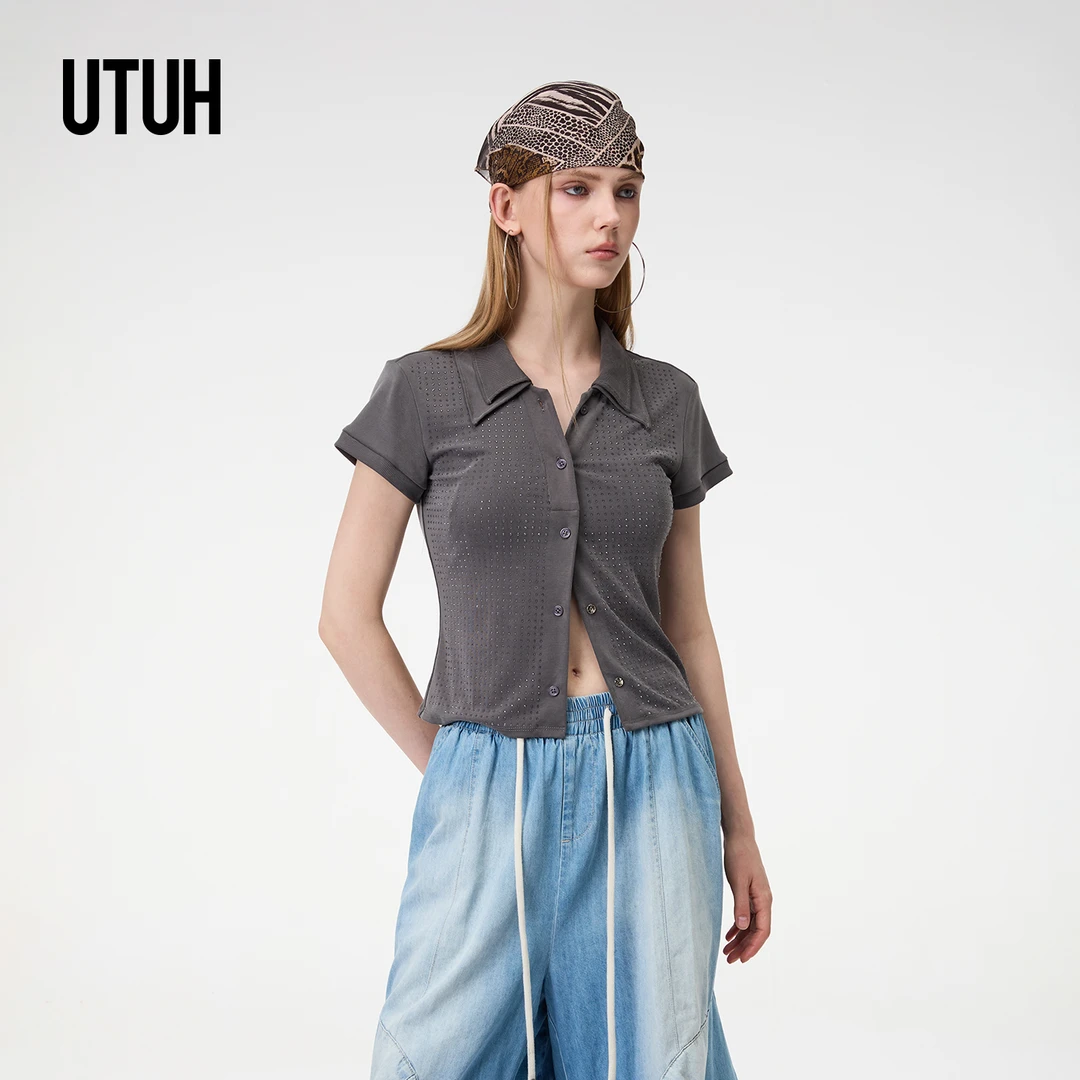 UTUH 灰色透明烫钻冰凉感POLO领开襟上衣女25夏季新款 TDWWR3N167