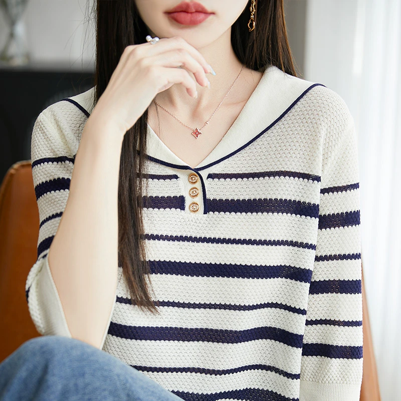 海军领上衣女士夏季2025新款大码洋气针织衫宽松显瘦条纹短袖T恤