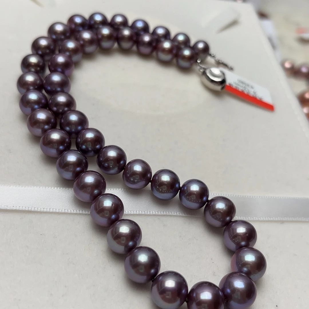 银S925镶嵌颈饰淡水珍珠9-12近正圆蓝莓妖紫