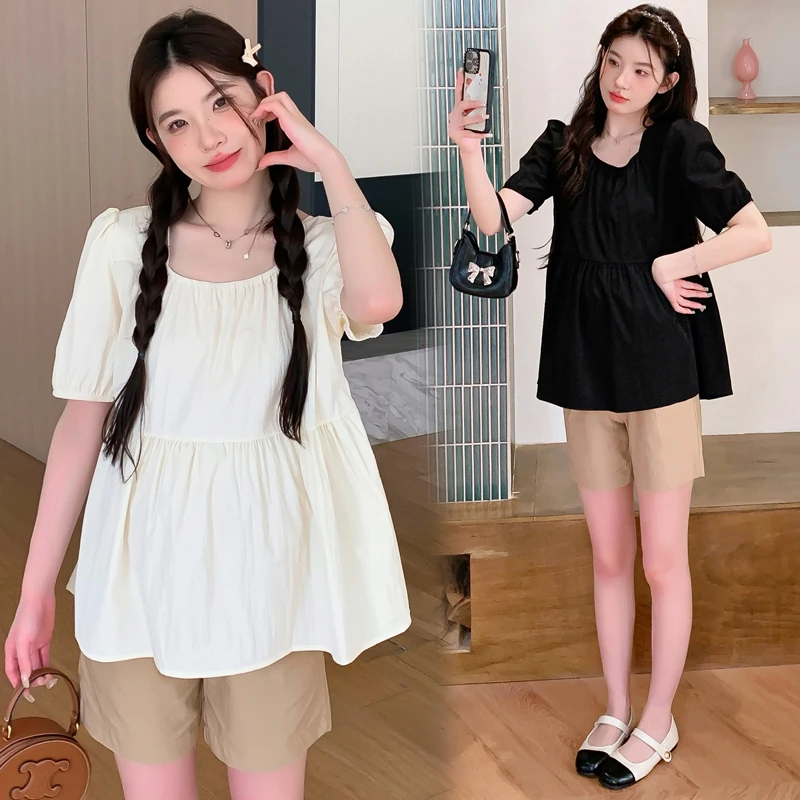 孕妇装套装夏季宽松时尚外穿方领上衣短裤休闲显瘦小个子夏套装