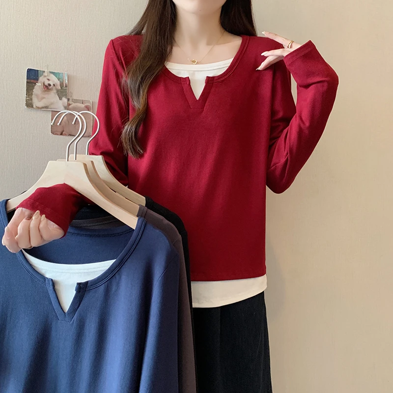 2025秋装新款胖mm大码女百搭减龄拼接内搭长袖打底衫上衣33166