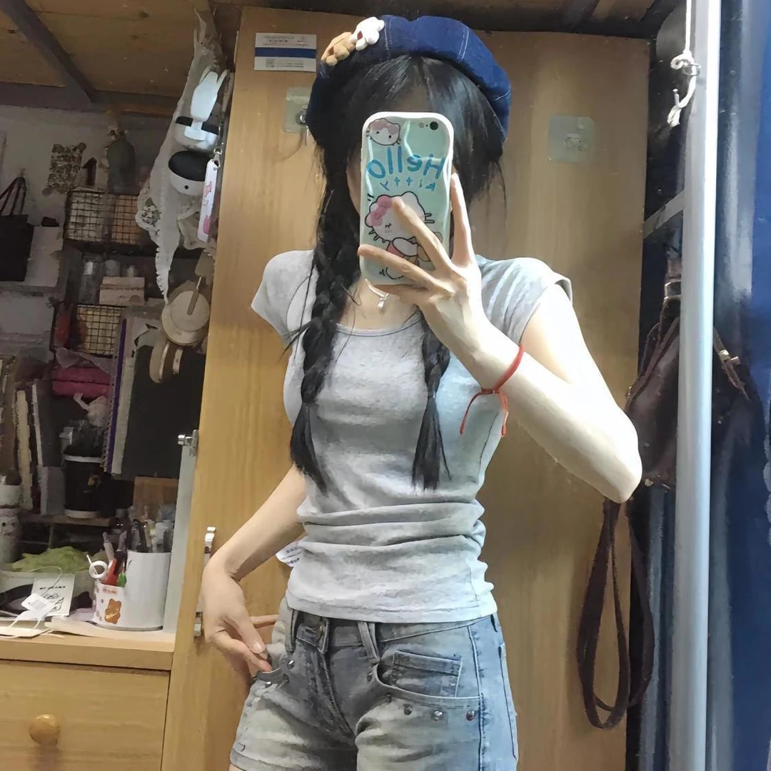 心机大u领短袖t恤女潮酷夏季收腰修身显瘦正肩纯欲风上衣体恤外穿
