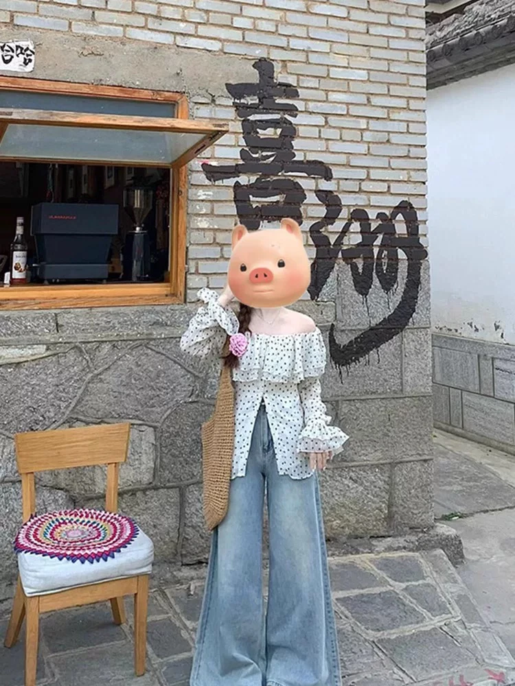 法式一字肩波点上衣牛仔裤套装-9688-9689