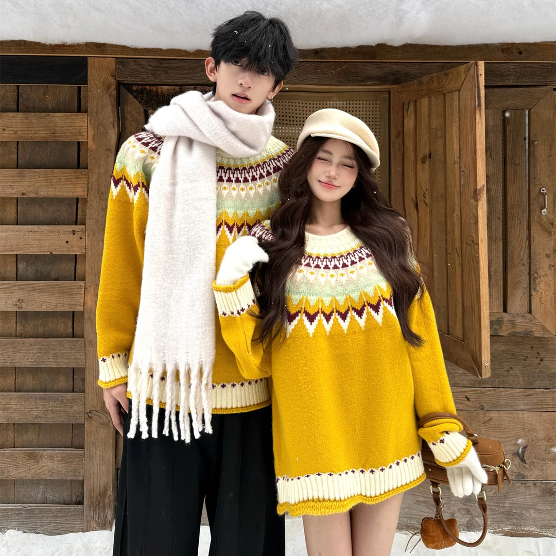 法式复古费尔岛毛衣情侣装秋冬2025新款松弛感慵懒风男女针织上衣