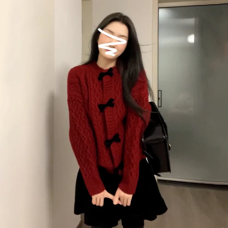 蝴蝶结红色毛衣女2024新款爆款慵懒风宽松高级感针织开衫外套8887