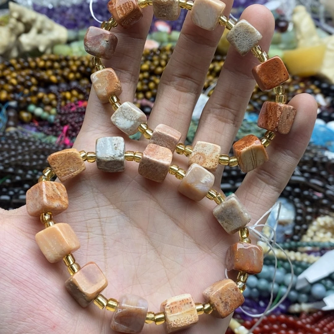 玛瑙/玉髓未镶嵌珠宝半成品一条天然10mm珊瑚玉方糖手链