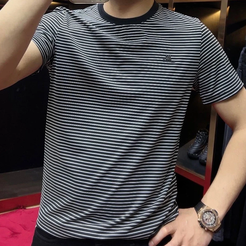 2025年夏季新品圆领条纹短袖男士T恤休闲半袖修身打底衫运动t恤潮