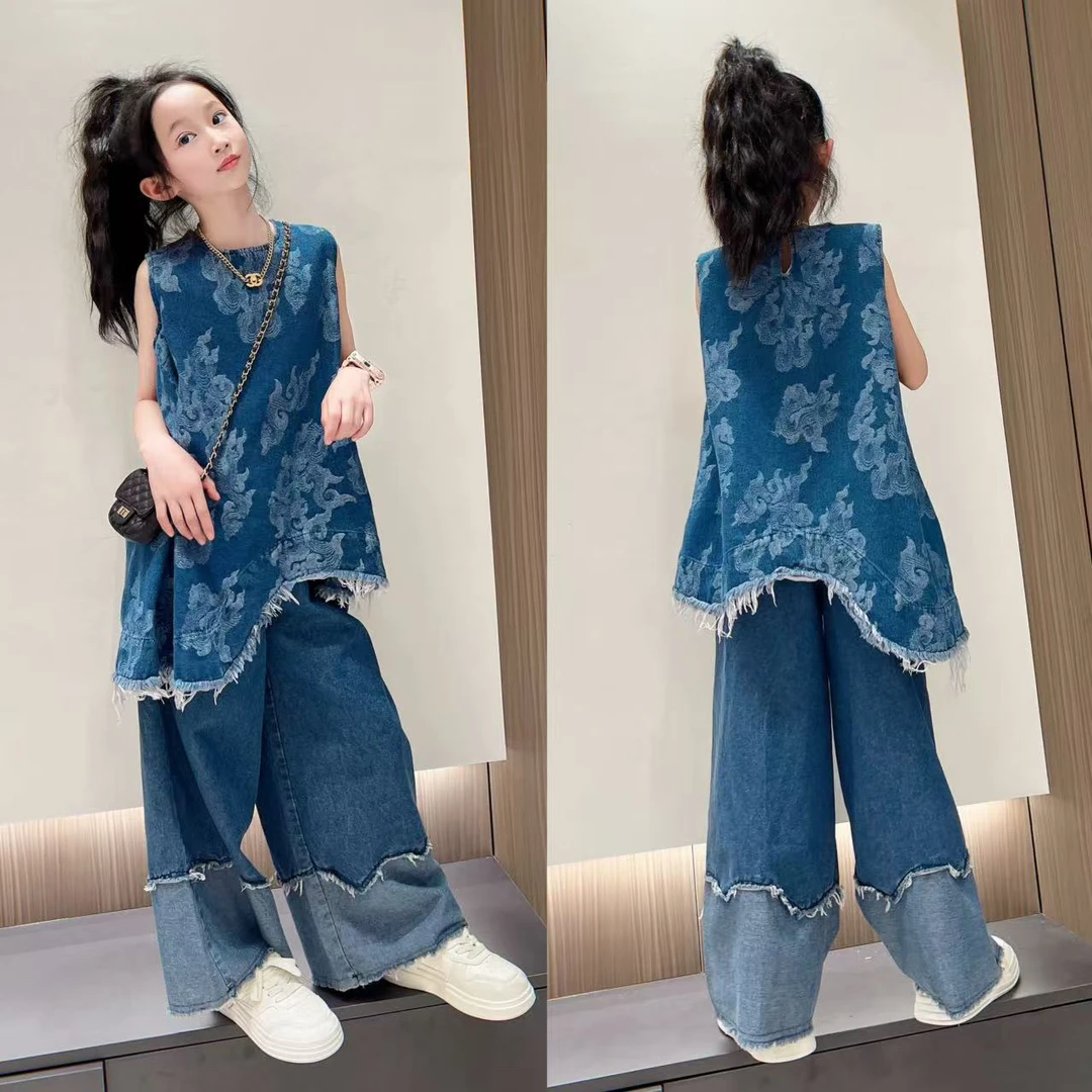 女童2025春夏新款洋气设计牛仔图腾圆领背心裙国风牛仔阔腿裤套装