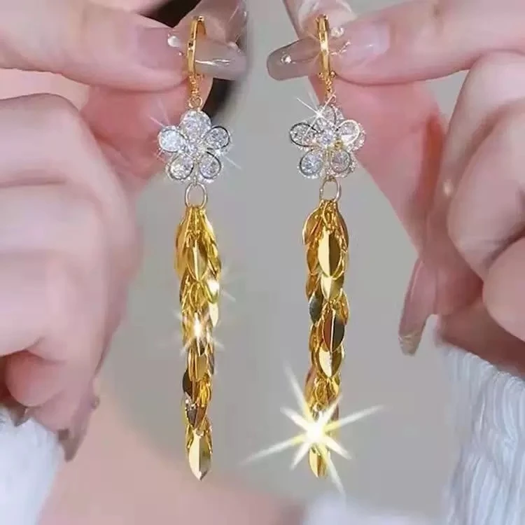 铜合金合成锆石耳饰 新款麦穗流苏耳扣精致时尚百搭长款耳环N320