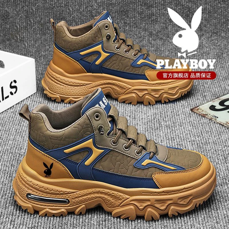 花花公子高帮男鞋秋冬运动休闲户外登山鞋男一脚蹬复古中帮马丁靴