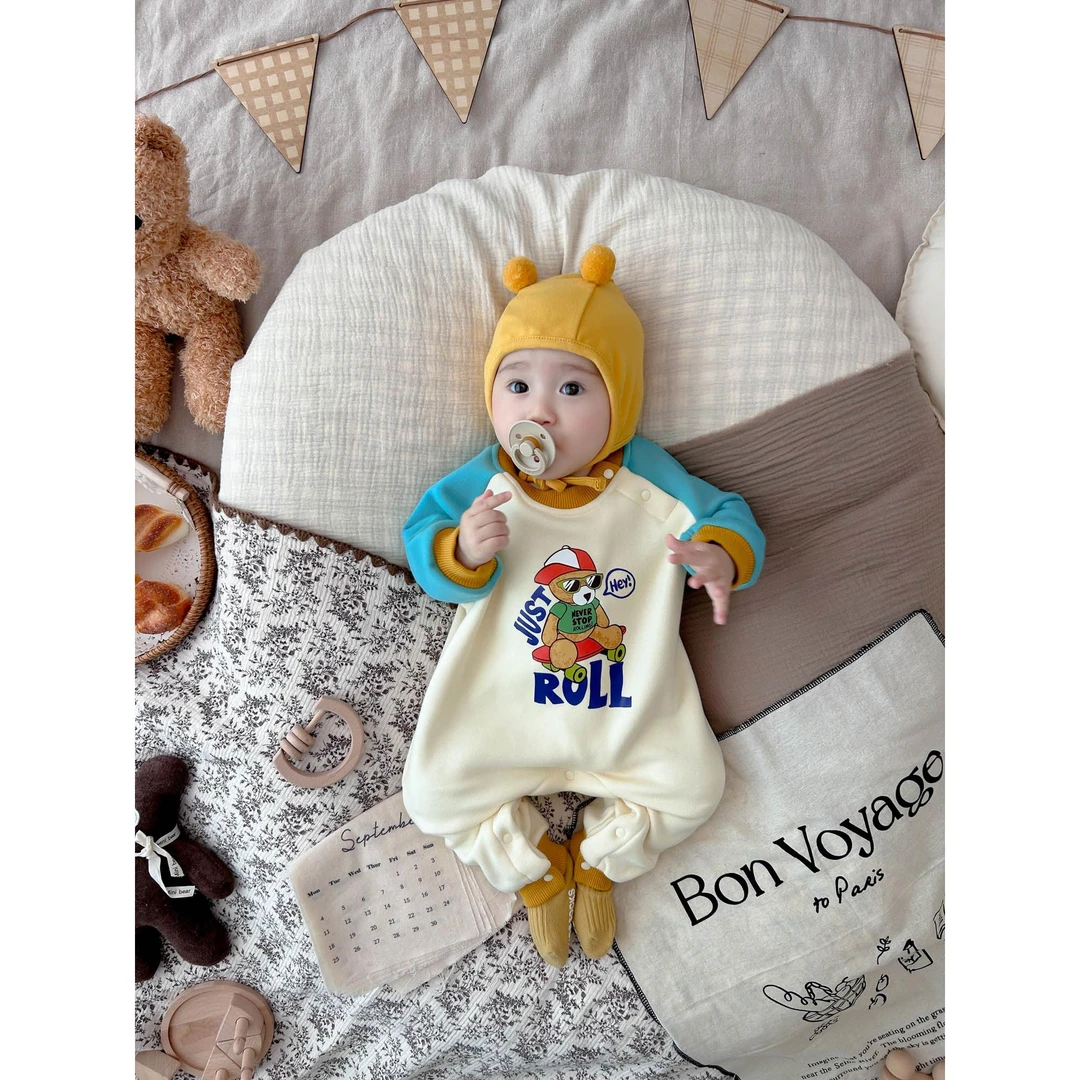 MK&UR.BV婴儿小熊加绒哈衣连体衣服秋冬季装百天宝宝超萌洋气韩系