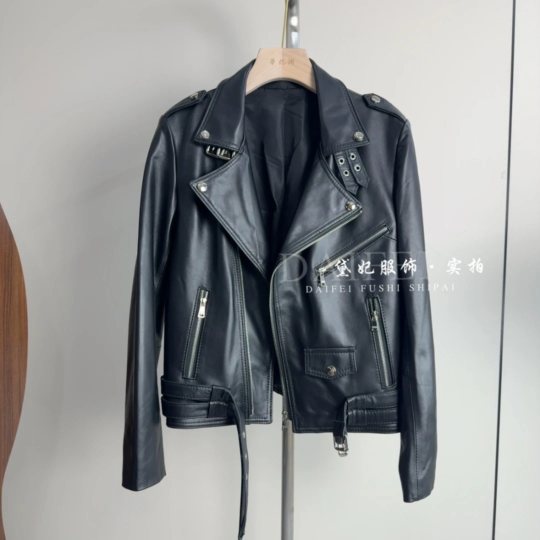 明星同款真皮机车夹克女短款休闲外套绵羊皮修身黑色皮衣时尚百搭