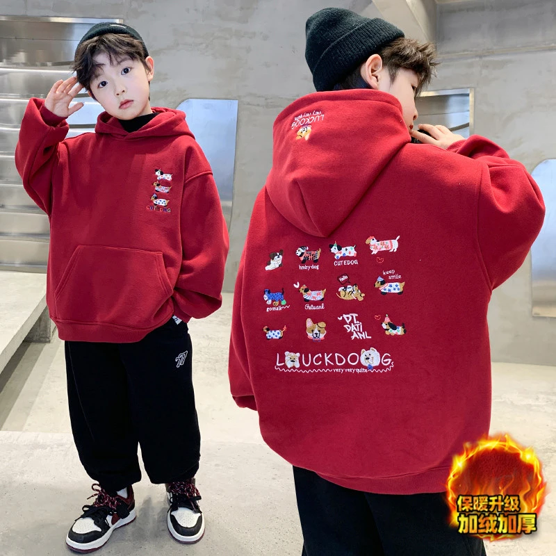 男童冬装中大童儿童加绒连帽卫衣2025秋冬季红色拜年服男孩加厚潮