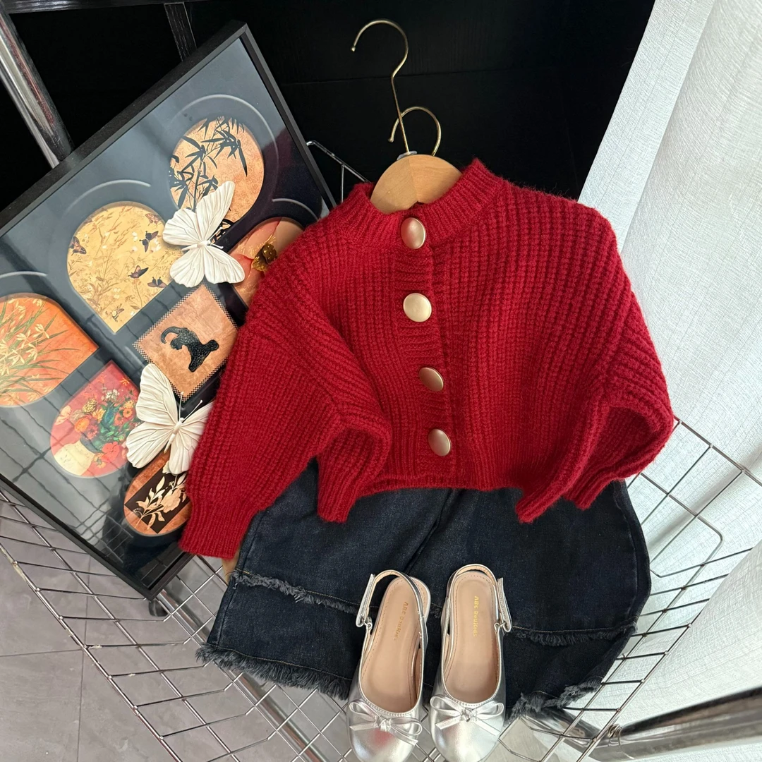 女童毛衣冬季秋季春秋小童红色百搭休闲童装套装洋气韩版圆领开衫