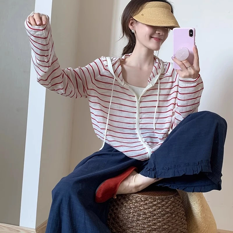 甜美气质连帽条纹防晒衣2025夏季新款韩版薄款百搭显瘦针织上衣女