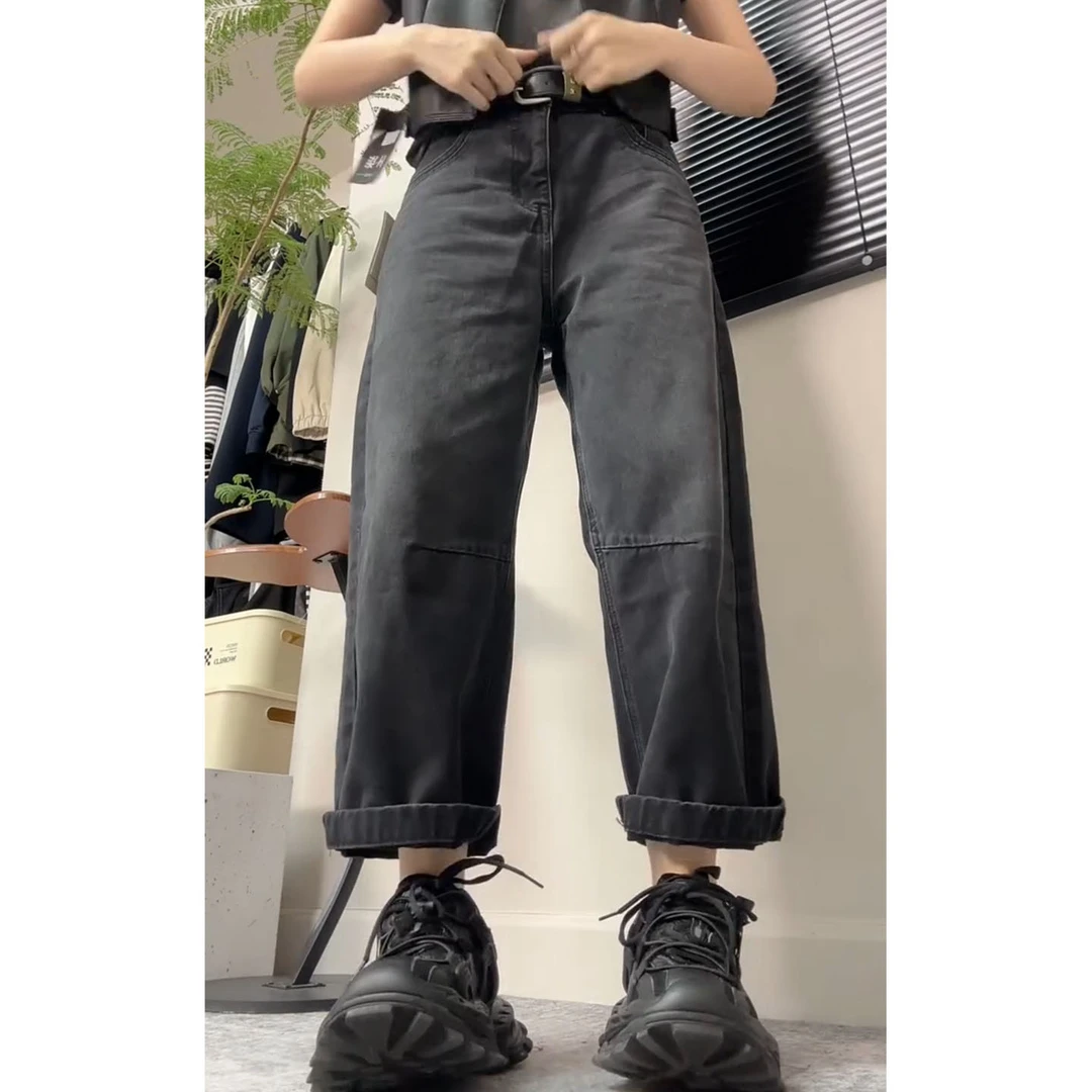艾塔莉时尚百搭阔腿裤早秋新款女士做旧大码显瘦基础款九分牛仔裤