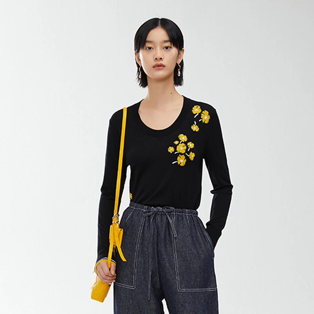 【婷婷专属】Marisfrolg玛丝菲尔气质圆领格桑花花针织衫