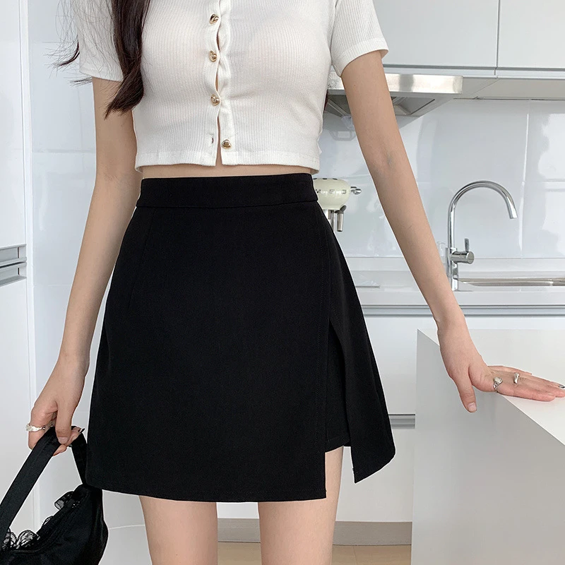 HH032大码MM高腰遮肉短裙黑色开叉爆款显瘦裙子夏季半身裙裙裤