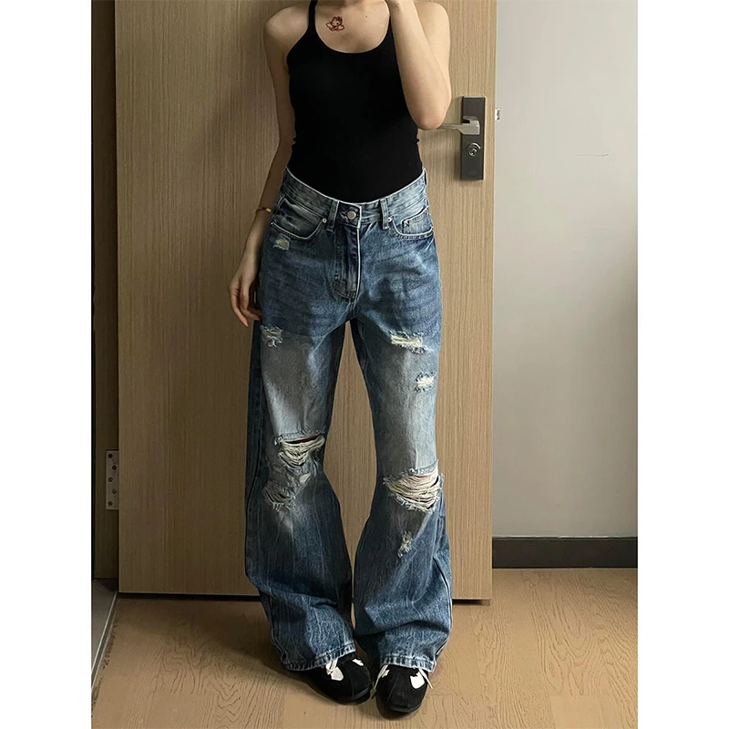 2025夏季新款大码美式复古蓝直筒宽松破洞牛仔裤女休闲显瘦长裤子