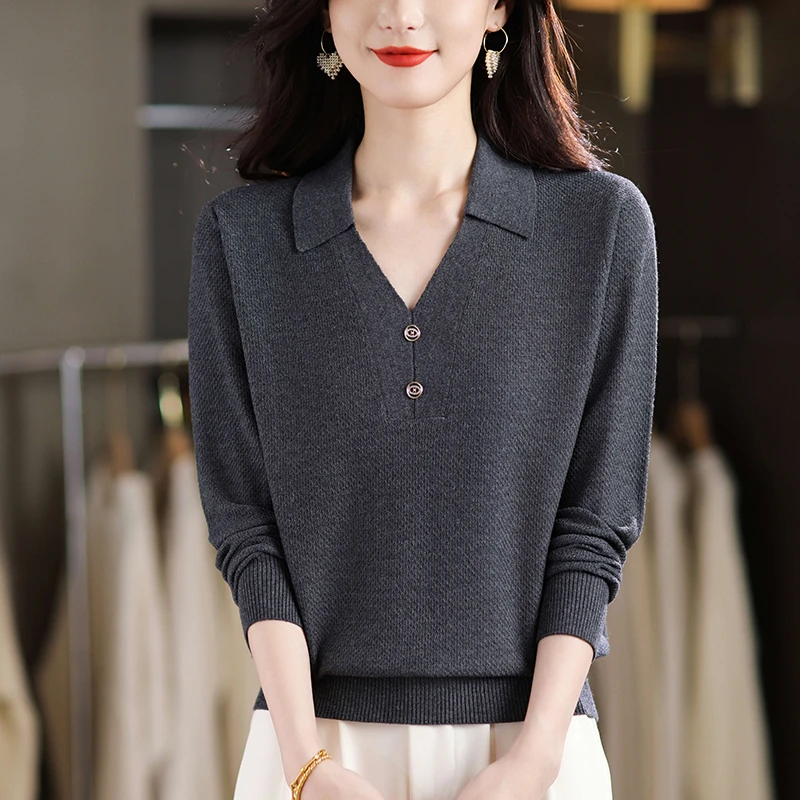 灰色毛衣女春秋大码翻领针织衫宽松遮肚子显瘦洋气薄款上衣打底衫