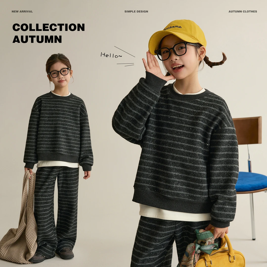 【耀眼】儿童加绒条纹撒银套装秋冬新款女童宽松套装9176X