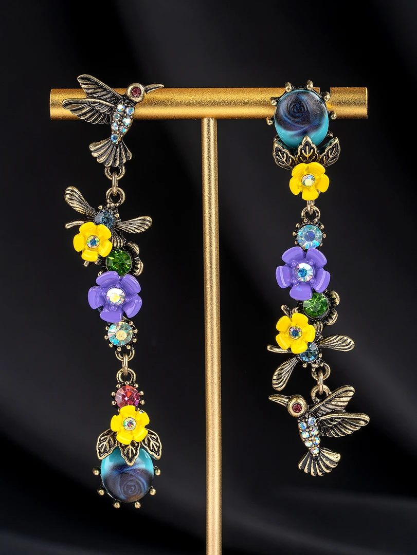 铜合金珐琅耳饰 简约优雅中古小鸟彩色花朵气质耳钉424119
