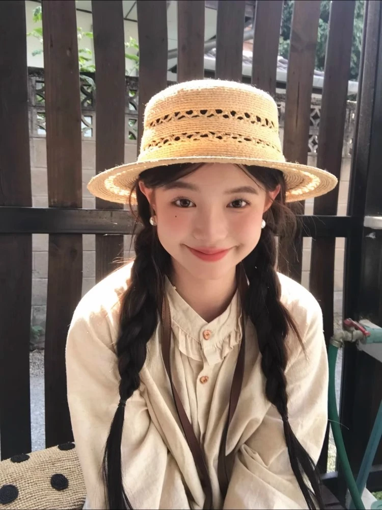 『100%拉菲草』手工编织平顶草帽子女2025新款夏防晒镂空优雅礼帽