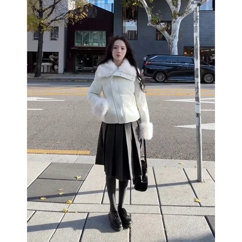 MARIE.COCO秋冬毛袖毛领保暖棉服外套高腰显瘦百褶半身裙套装