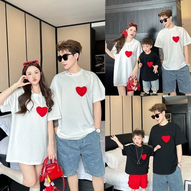韩版立体爱心纯色夏季亲子装时尚母女装一家三口上衣宽松百搭