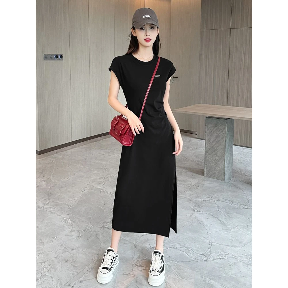 网红气质短袖连衣裙新款女夏季高级感中长款收腰显瘦开叉裙子