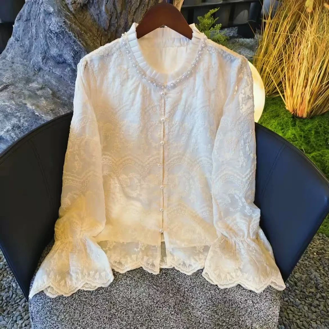 韩版蕾丝重工钉珠衬衫女2025春季新款宽松洋气长袖上衣木耳边衬衣