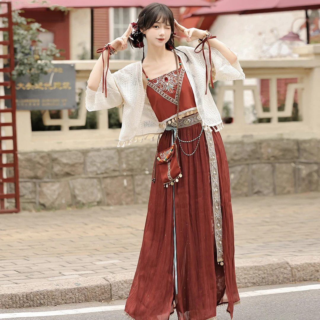 锦慕汉服【小春絮】民族风异域少女开衫吊带红色灯笼裤汉元素套装