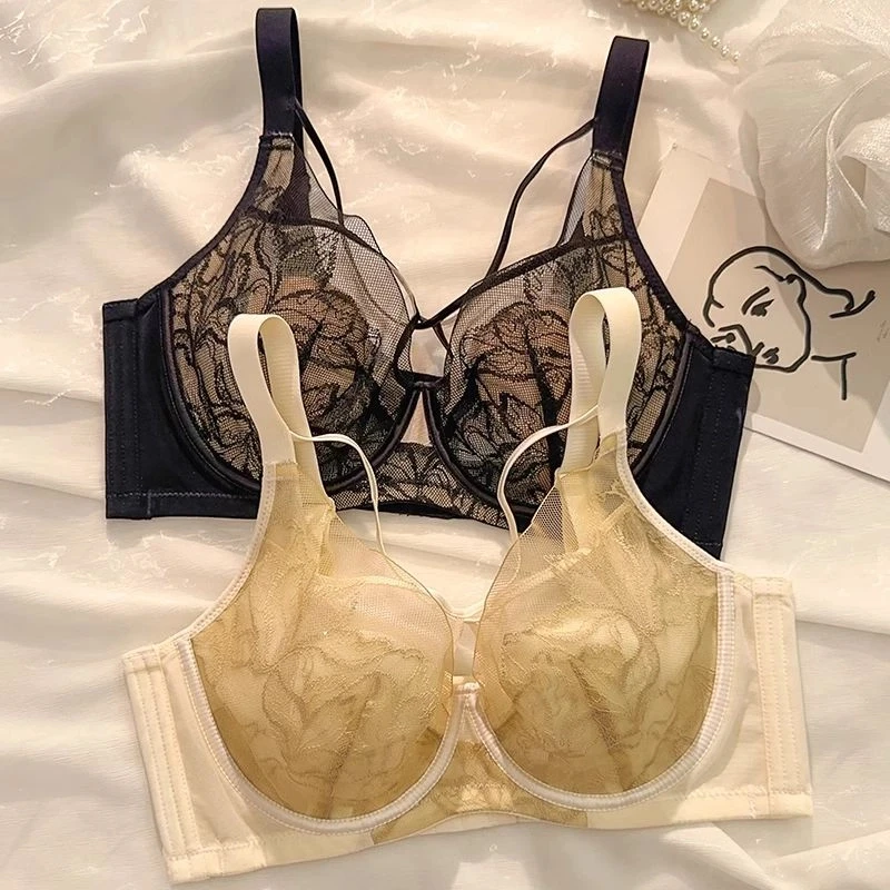 内衣女大胸显小胸薄款软钢圈蕾丝文胸大码调整型048