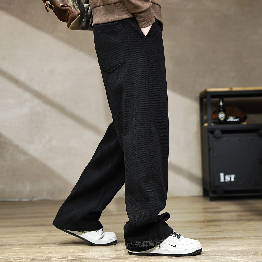 高端美式复古欧棉绒直筒卫裤男秋季新款宽松运动休闲裤子男长裤潮