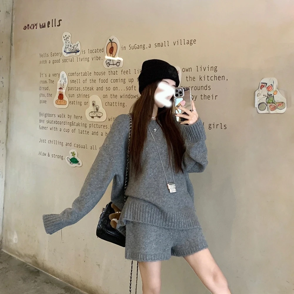 甜美慵懒风休闲毛衣套装女秋冬宽松针织衫上衣高腰阔腿短裤两件套